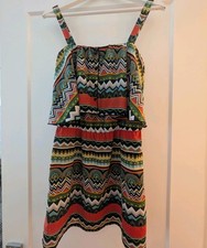 MADE IN USA New Blue Rain Small Multicolor Geometric Boho Button Ruffle Sundress