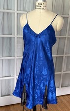 Vintage Victoria's Secret Satin Floral Bow Chemise Slip Blue L