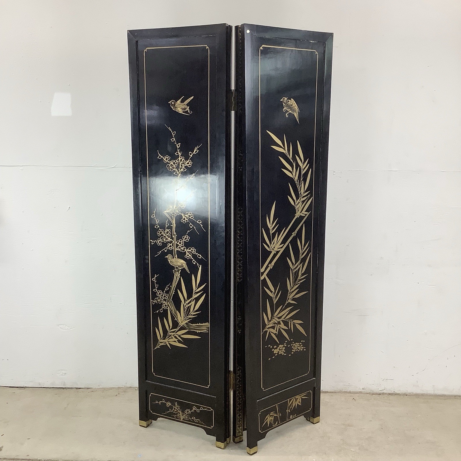 Vintage Black Lacquer Chinoiserie Folding Screen