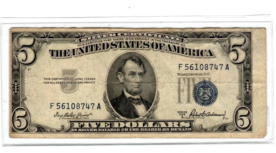 $5 (DOWNSHIFT/MISCUT ERROR) "1953" $5 (SEAL DOWNSHIFT/MISCUT ERROR) 1953 RARE!! - Image 3 of 4