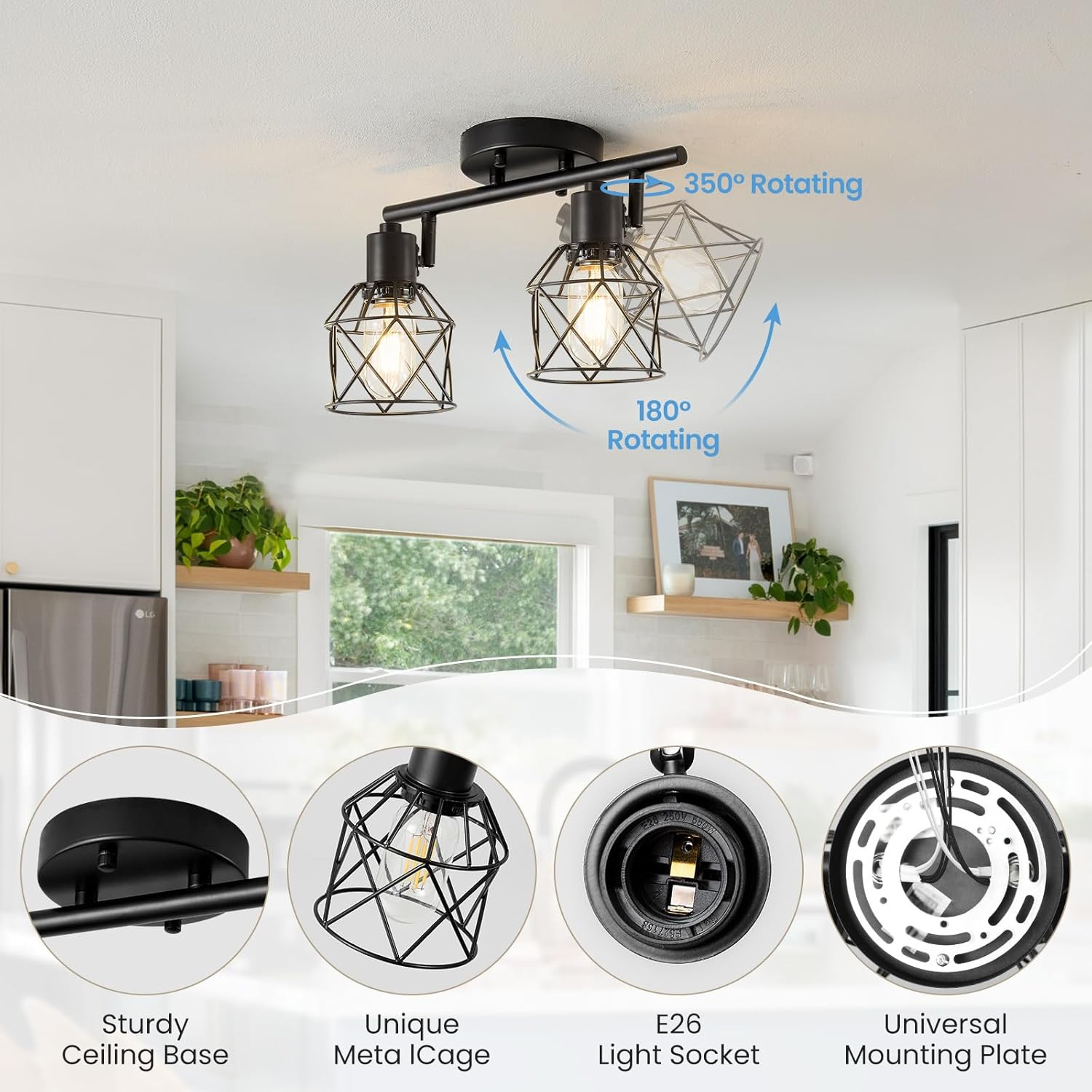 2-Lights Kitchen Track Lighting, Adjustable Multi-Directional Ceiling Light Fixt