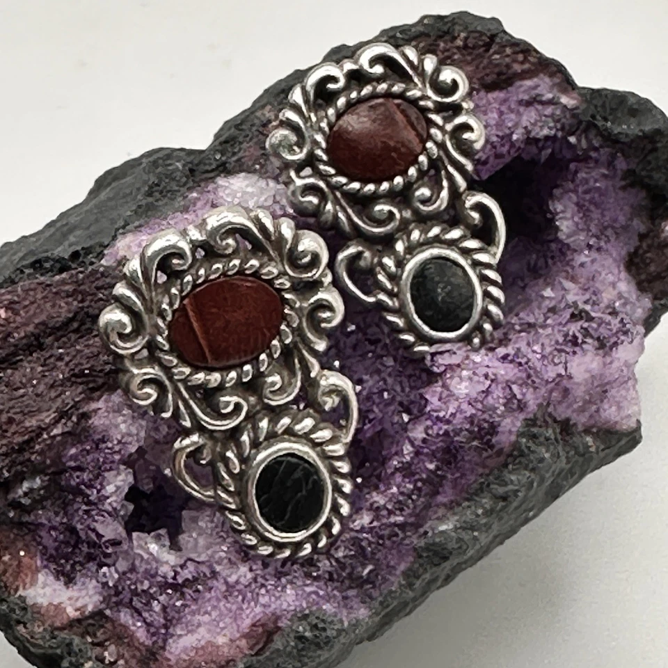 Brighton Leonardo Earrings Silver Filigree Leather Cabochon Croc Embossed - Image 4 of 4