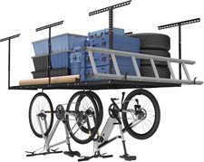 FLEXIMOUNTS 4X8 Overhead Garage Storage Rack W/Hooks Adjustable Ceiling Storage