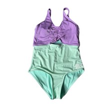 Justice Beach Girls One Piece Swimsuit Purple Mint Ribbed Ruched Halter XL 14/16