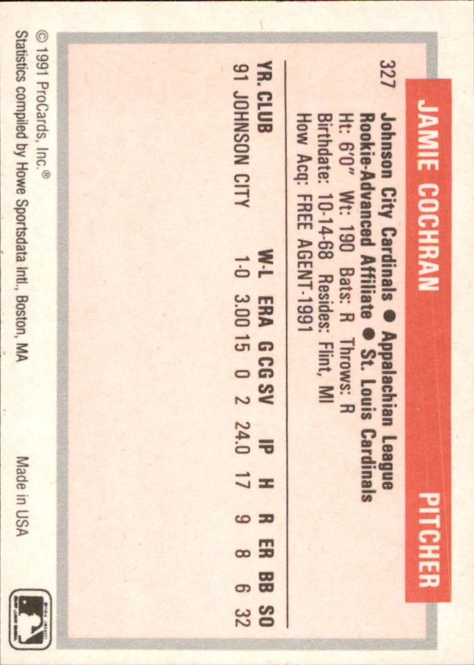 Jamie Cochran 1991-92 ProCards Tomorrow's Heroes #327 RC Johnson City Cardinals - Image 2 of 2