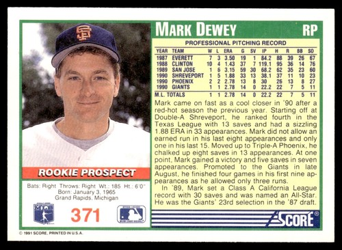 1991 Score Mark Dewey Rookie San Francisco Giants #371 - Picture 2 of 2