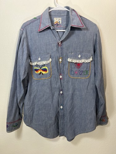 JCPenney, Vintage 70s Chambray JC Penney Big Mac Shirt Embroidered "Roger And Caryn"