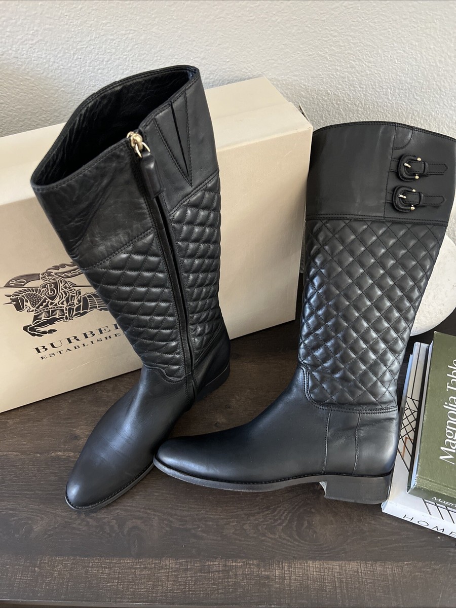 BURBERRY Italy Women Leather Quilted Black Tall Boots Sz 39 *EUC*
