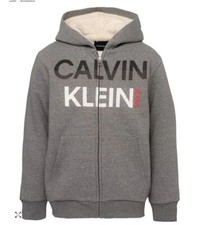NWT CALVIN KLEIN Big Boys Sherpa Zip Front Logo Hoodie Heather Gray L 14-16 