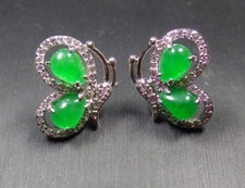 White Gold Plate Icy Green JADE Earrings Butterfly Diamond Imitation 310095