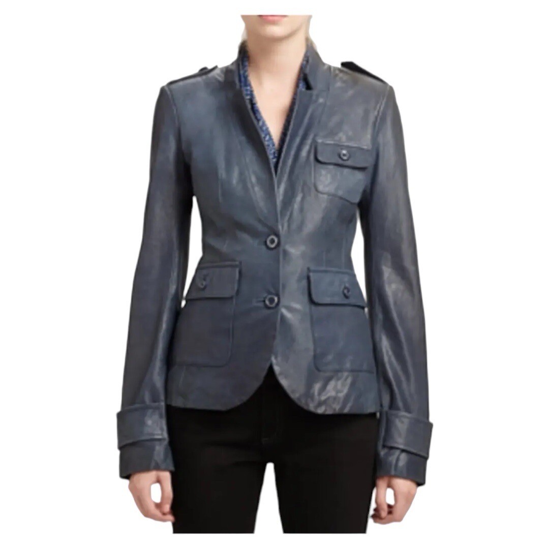RACHEL ZOE leather motorcycle jacket dark blue and green