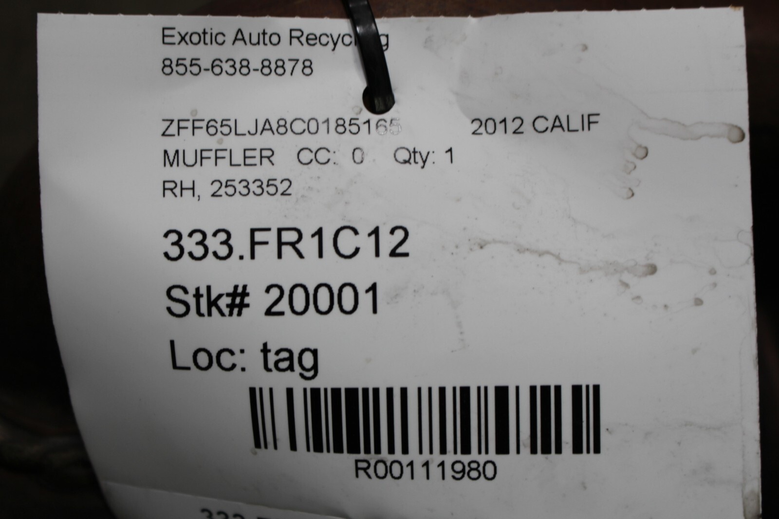 Ferrari California, RH, Right, Muffler, Used, P/N 253352