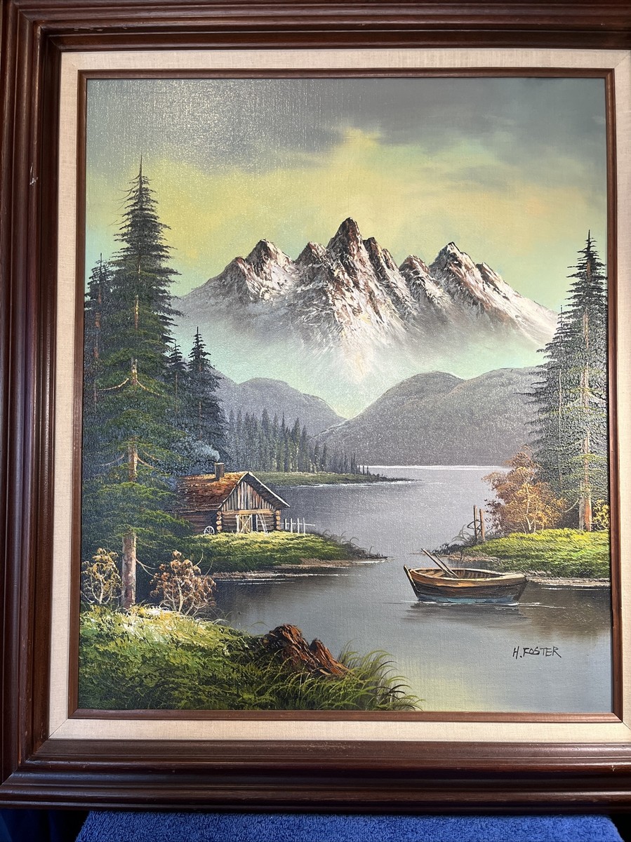H. Foster Signed Oil Painting Mountain, River, & Cabin 27x31 Frame