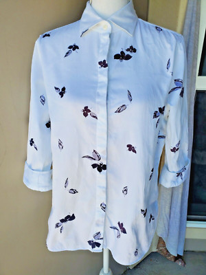 Chaps No Iron Button Up Top Women XL White Purple Floral Costal Spring Vacation