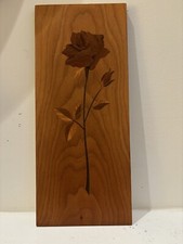 MCM Artist Signed Wooden Hanging Art Work with Inlaid Wooden Rose, 16.5  x 7  