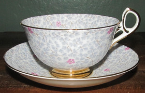 Old Royal Teacup Tea Cup & Saucer Gray Chintz Cherry Pink Blossom England