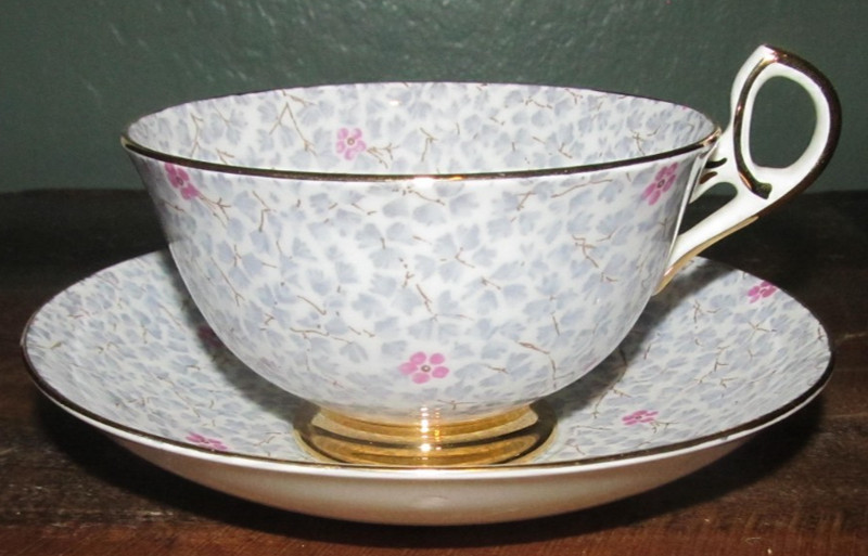 Old Royal Teacup Tea Cup & Saucer Gray Chintz Cherry Pink Blossom England
