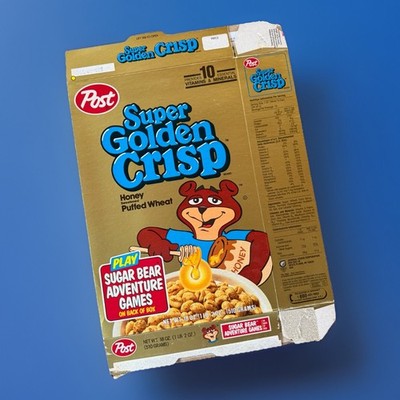 1992 Vintage Post SUPER GOLDEN CRISP Cereal Box - Sugar Bear Adventure Games