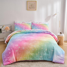 Rainbow Girls Full Comforter Set, 7-Piece Pastel Glitter Bedding for Kids