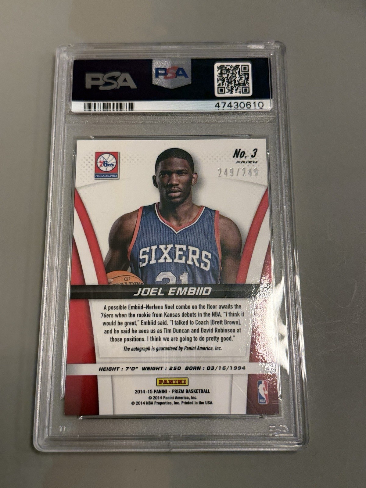 2014 Panini Prizm Basketball Joel Embiid Blue Rookie Card RC Auto /249 PSA 10 #3 view 2