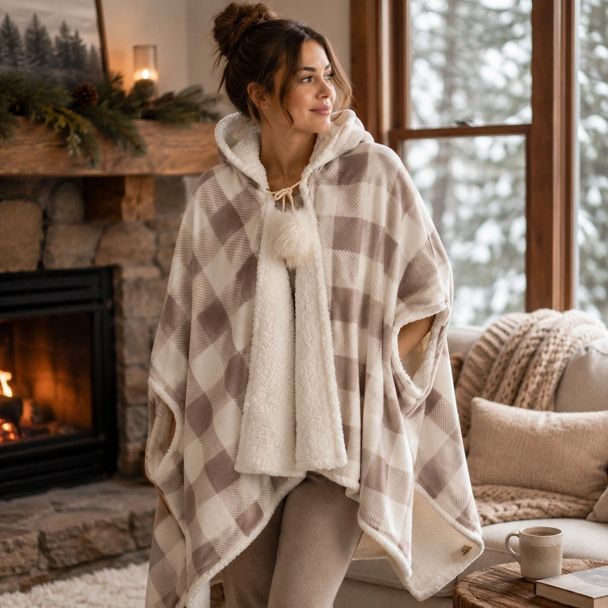 Soft Surroundings Sherpa Hooded Poncho Blanket Wrap OS Taupe Ivory Buffalo Plaid
Opens in a new wind
