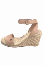 Tory Burch Beige Leather Espadrille Wedge Sandals Buckle Logo Ankle Strap