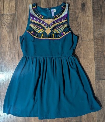 Alya Women's Turquoise Chiffon Mini Dress w/ Colorful Embroidered Neckline Med
