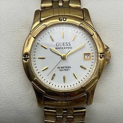Vintage Guess Waterpro Womens Watch 27mm Gold Tone Bracelet Date New Battery 6''