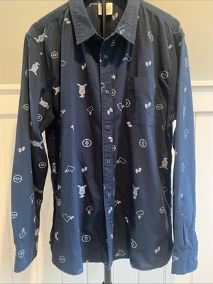 POKEMON Pikachu Long Sleeve Collared Graphic Shirt Navy Blue Size XL