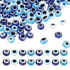 200Pcs 8mm Resin Flat Round Evil Eye Bead White/Light Blue/Blue/Bright Blue