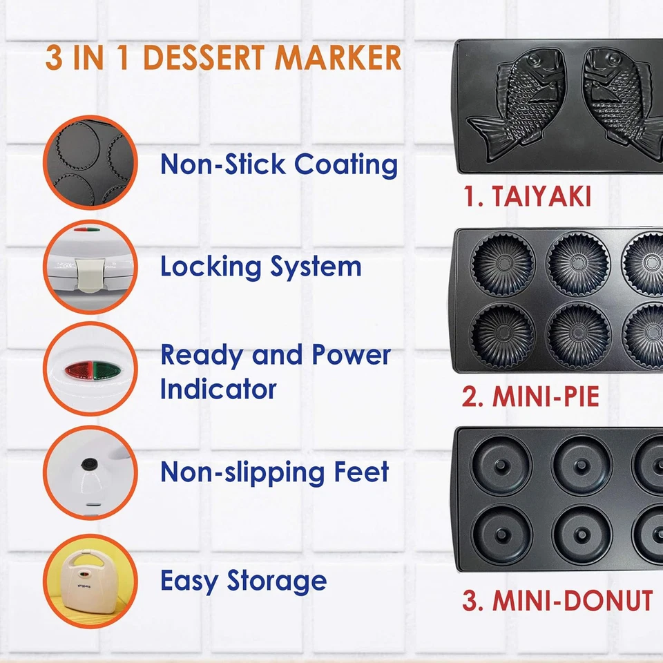 3 in 1 Mini Donuts, Pie, Quiche, and Taiyaki Maker – White 110-120V 700-800W - Image 2 of 4
