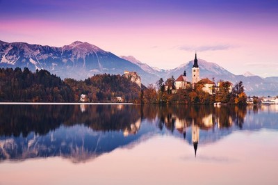 Lake Bled Medieval Castle Slovenia Europe Reflective Sunset Photo Poster 12x18