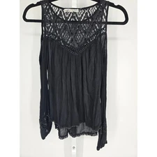 Jolt Womens Sz S Cold Shoulder Long Sleeve Blouse Black Boho Crochet Lace Top