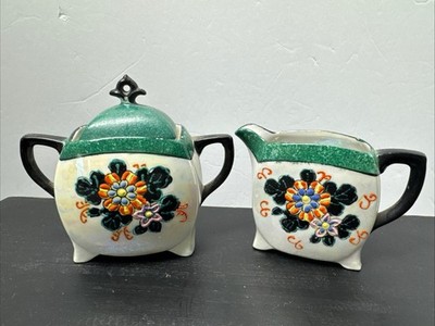 Vintage Japan Lusterware Sugar Creamer Set Flying Dove Mark Art Deco Floral