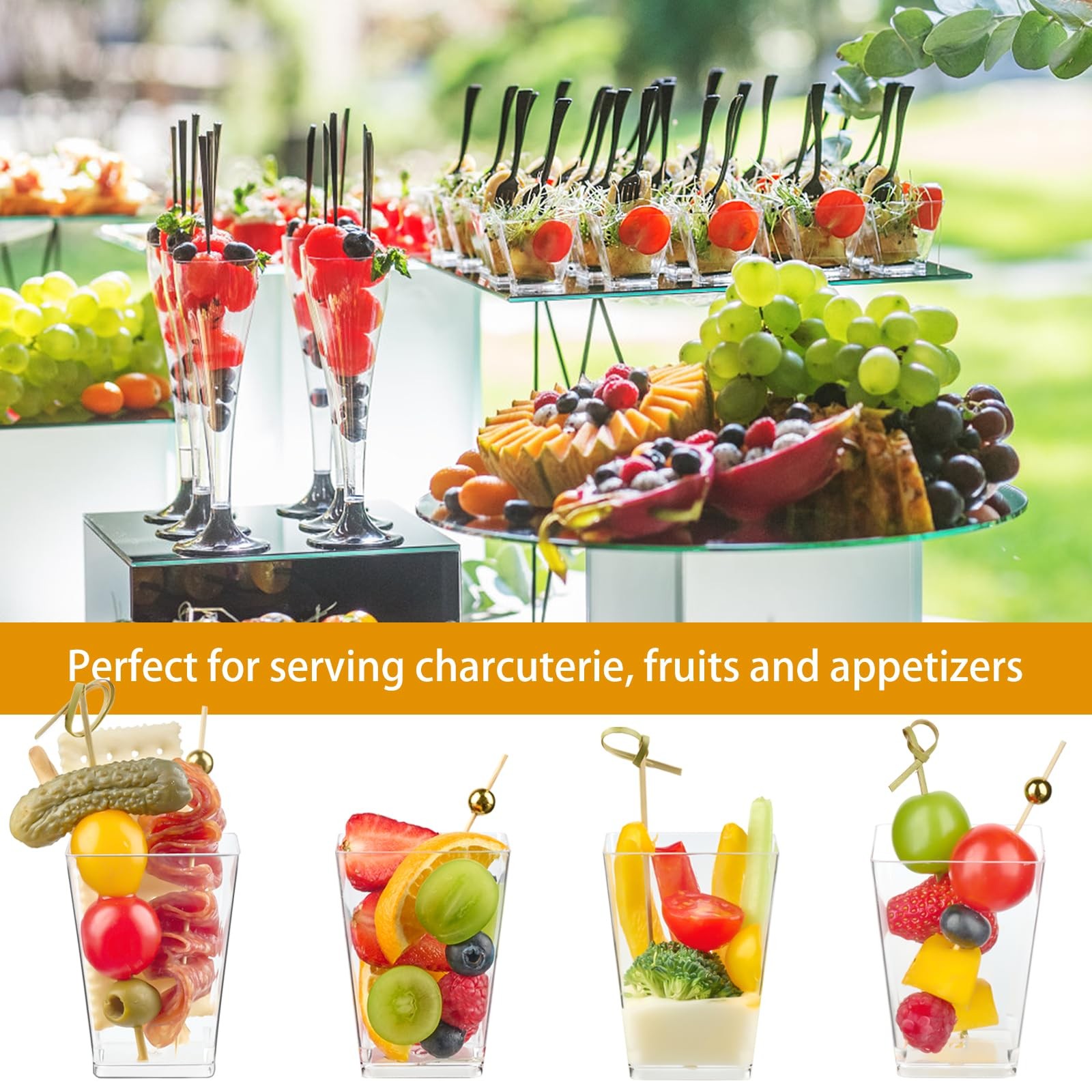 5 oz Plastic Charcuterie Cups 50 Sets with 100 Sticks Square Appetizer Cups