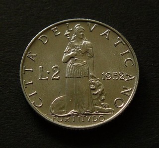 Vaticano 2 Lire 1952 Fortezza in piedi con leone ai piedi