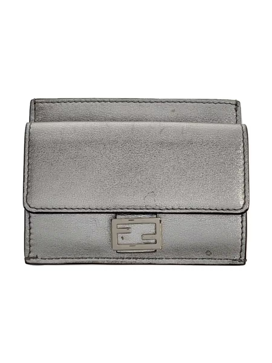 FENDI Card Case Leather Silver Women's