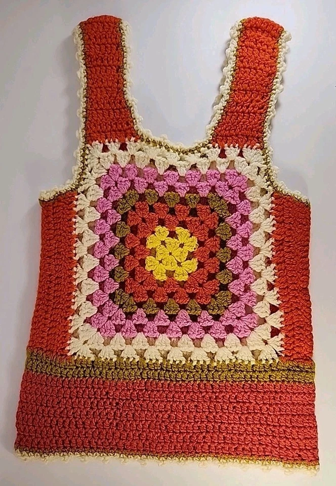 Chaleco Crochet Camiseta sin Mangas Retro Años 70 Hippie Granny Cuadrado Hecho a Mano S/XS Foto 4 de 4