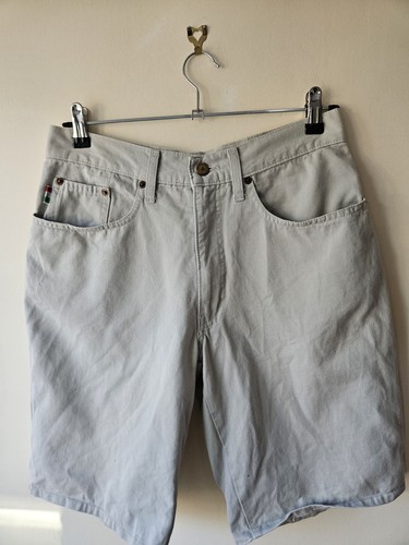 Moschino Jeans, Vtg 90s Moschino Jeans Grey Denim Shorts Peace Patch Size 34 Fits 31 Altered