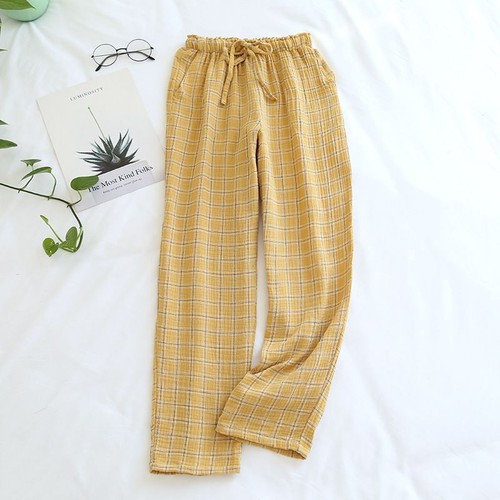 Large Size Home Pants - Japanese Spring Couples Cotton Crepe Cloth Plaid Trouser - Picture 15 of 19