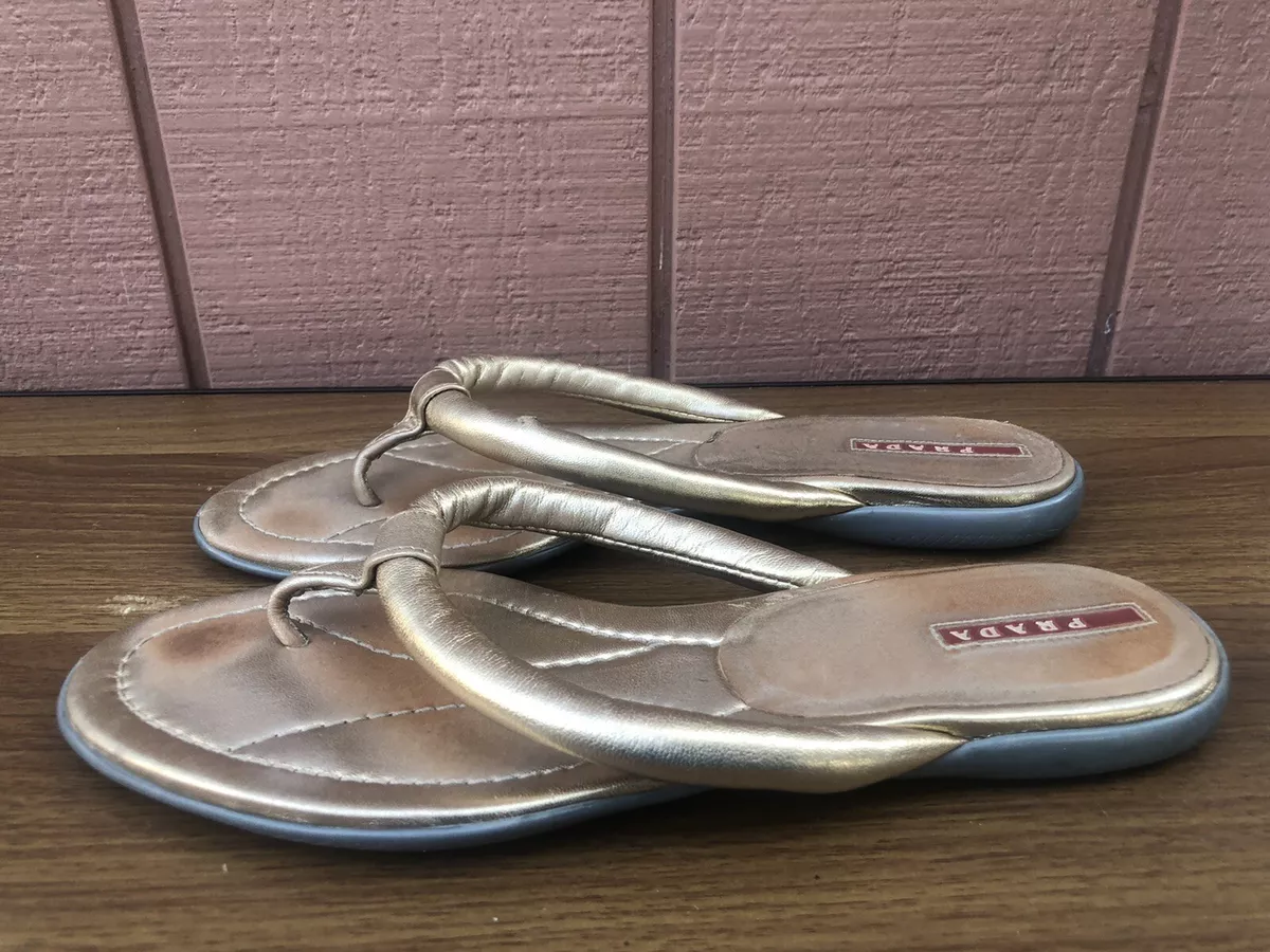Prada 41 US 11 Slip on Thong Wedge Flip Flop Metallic Copper Leather Sandals C6