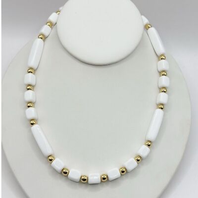 Trifari vintage old stock white acrylic and gold beaded necklace 70s 80s retro