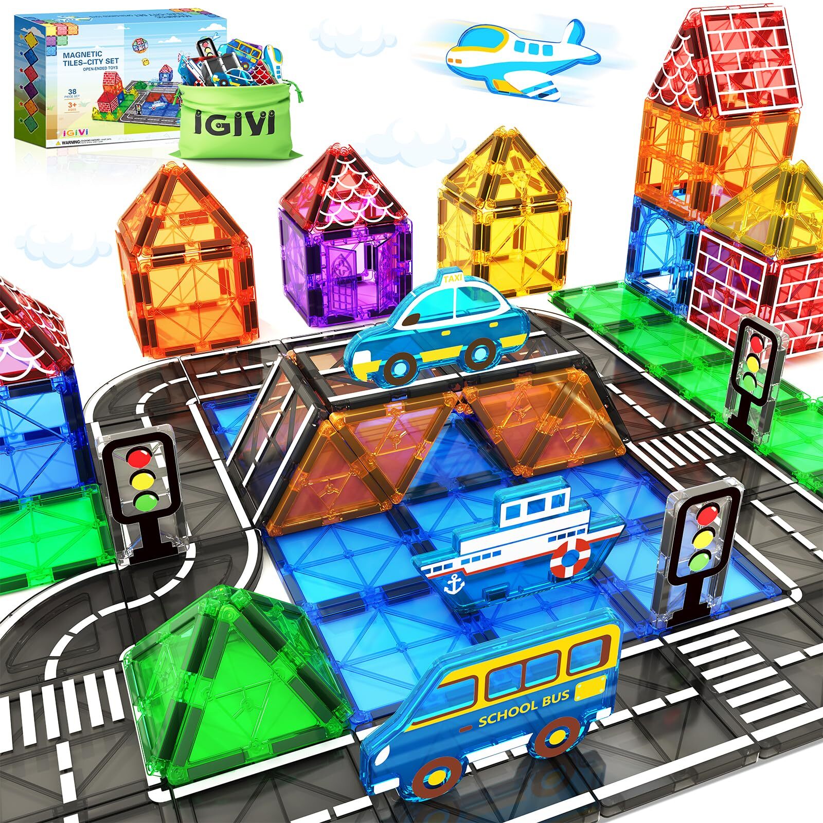 Magnetic Tiles - Road Set With Car Toys, STEM Magnet Building Blocks for Todd...