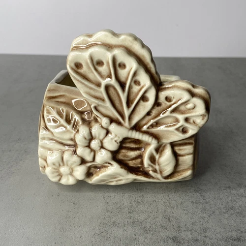 Vtg Shawnee USA Pottery Butterfly Flowers Log #524 Brown Ivory Planter Figurine