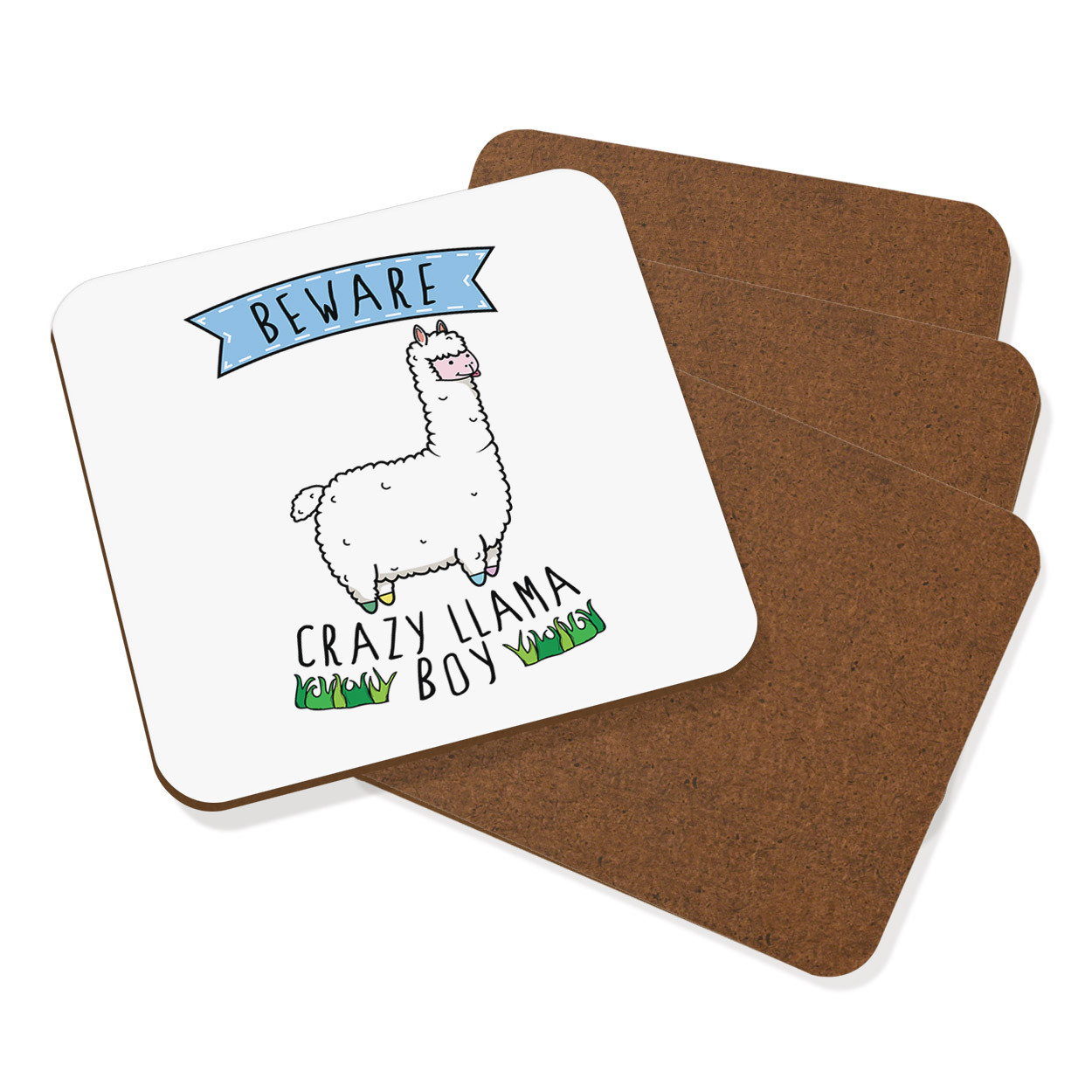 Beware Crazy Llama Boy Coaster Drinks Mat Set Of 4 - Funny Alpaca
