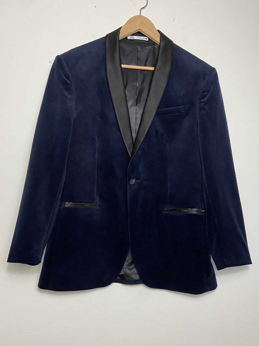 ZARA MAN ネイビー ベルベット テーラードジャケット EUR 46 Zara Man Navy Velvet Blazer Jacket Tuxedo Men Dinner Evening Tux
