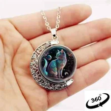 Fashion Cute Cat Crescent Moon Half Moon 360° Rotating Round Pendant Necklace