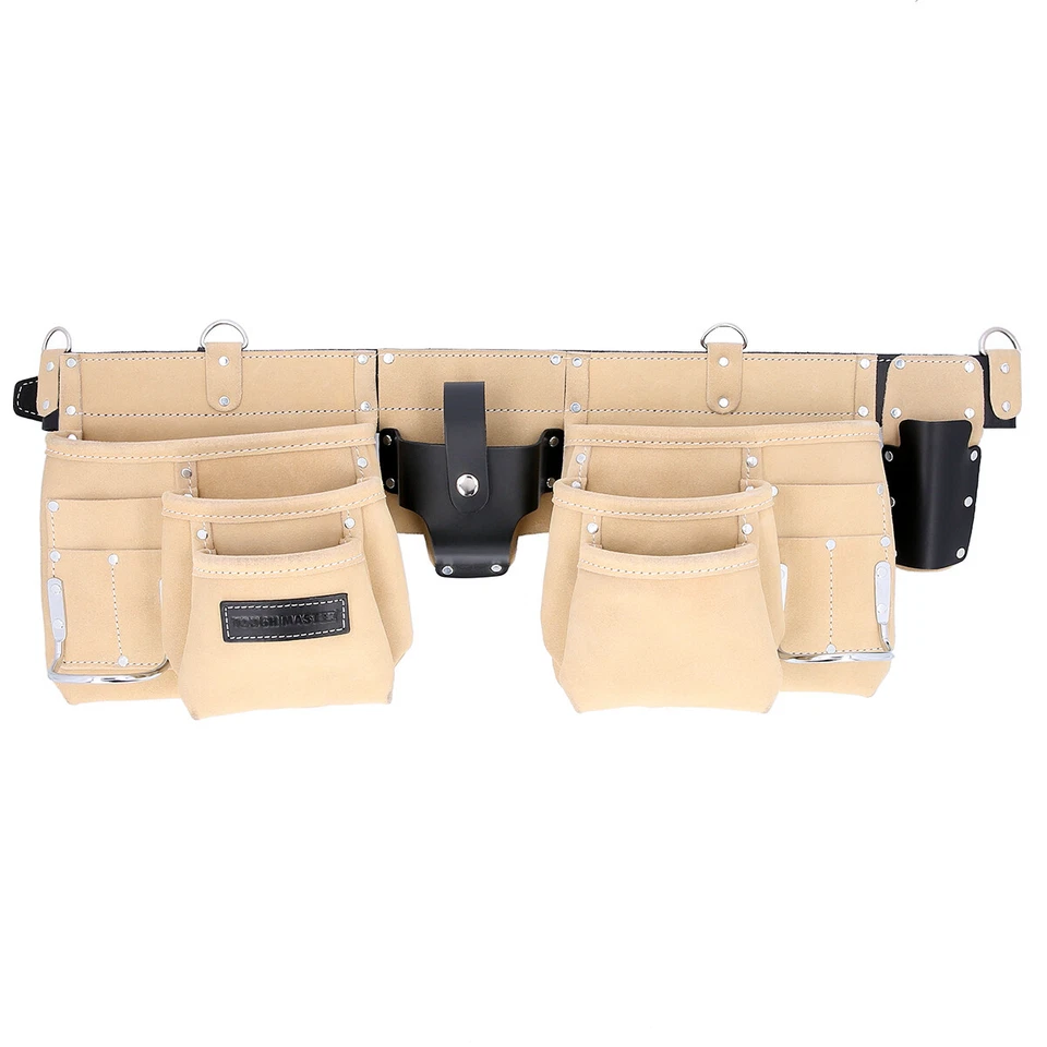 Leather Tool Belt 12 Pocket Pouch with Double Hammer Loop and Leather Belt - Image 3 of 4