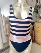 Vintage 1980s Striped one piece swimsuit, Hi Cut, Pink Blk - IMPERFECT - READ