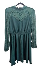Dark Green Lace Mini Dress Size M Long Sleeve Party Night Out Skater Evening